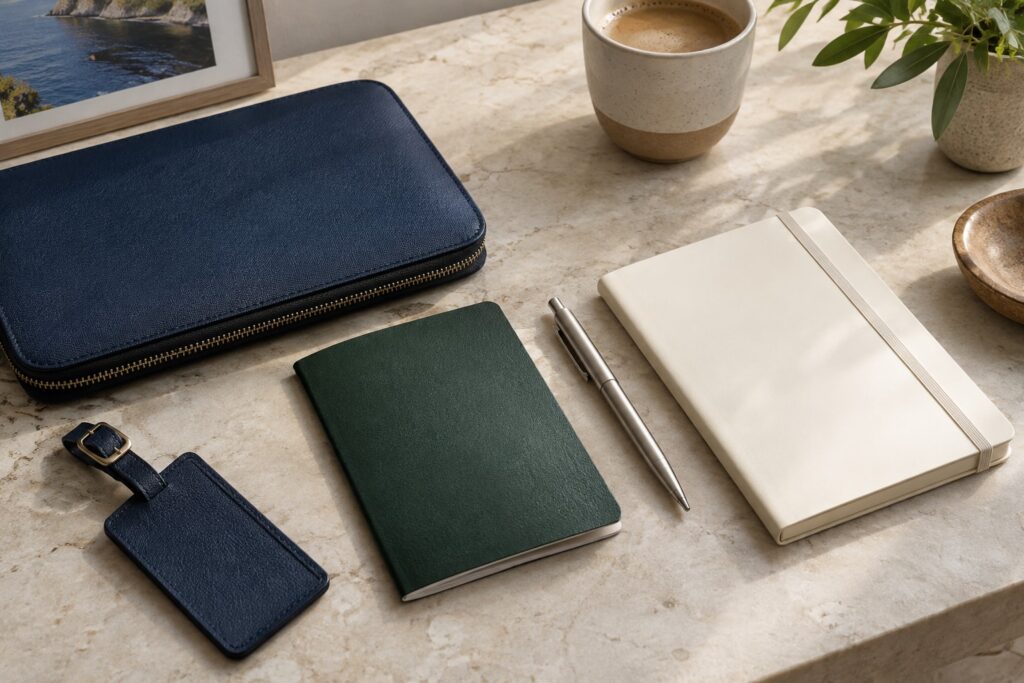 A notebook, document folder and travel document on a daylight desk