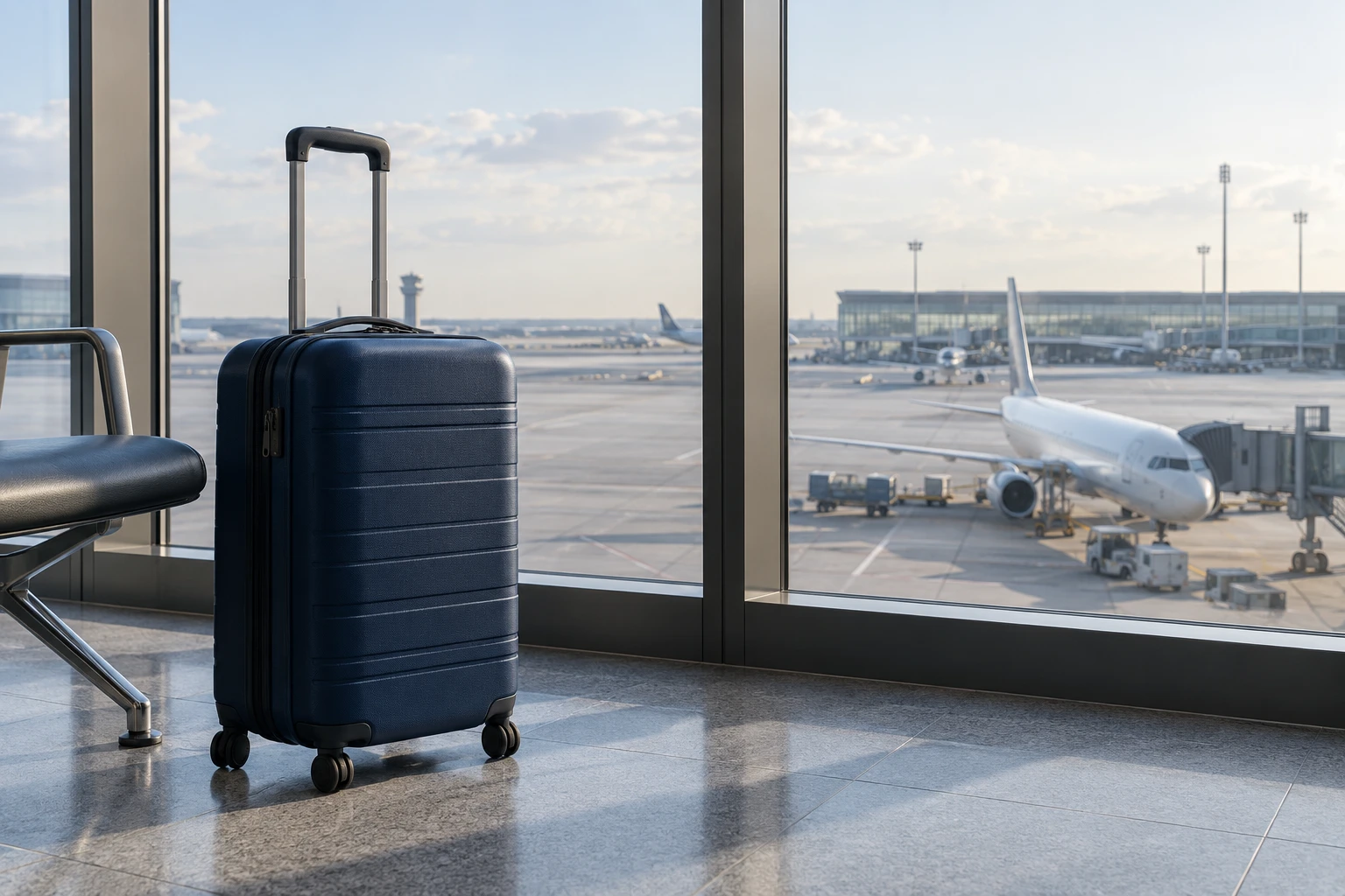 A navy suitcase beside an airport window