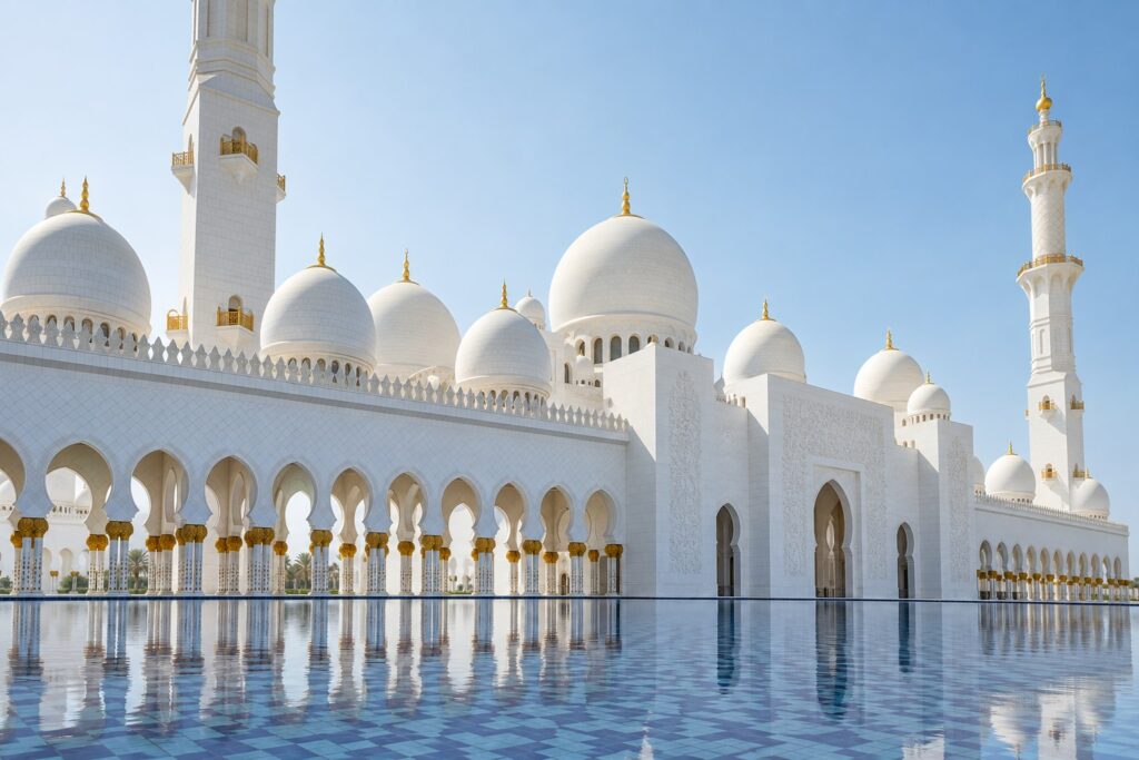 White mosque domes and arches reflected in water in the UAE