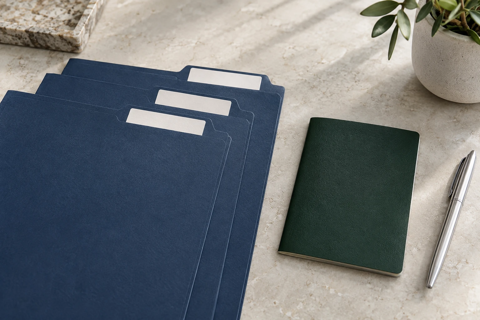 Travel preparation folders, a plain document book and a pen